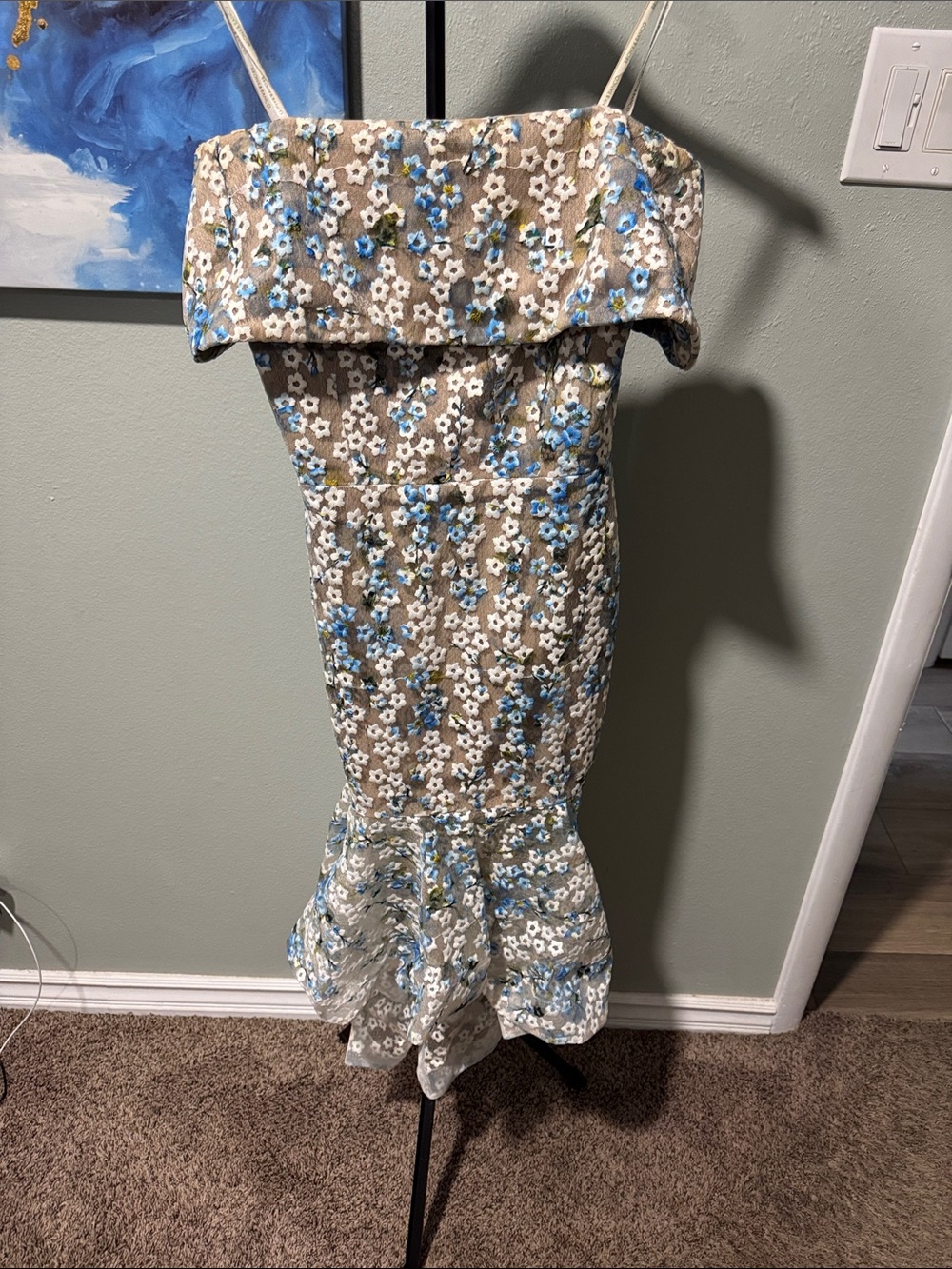 Bronx and Banco Beige Floral Off-Shoulder Mermaid Pencil Skirt with Blue Accents